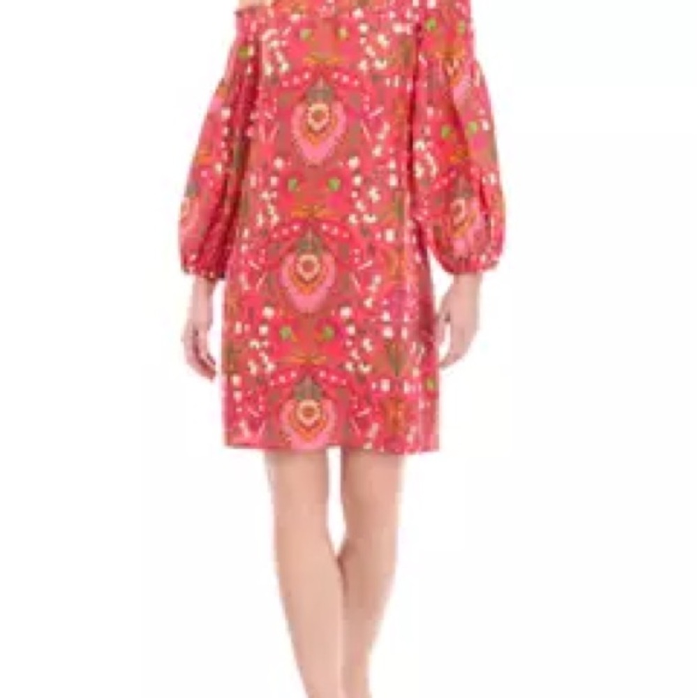 Vince Camuto Floral Abstract Cotton A-Line Off-Shoulder Bishop Sleeve Dress Sz.6